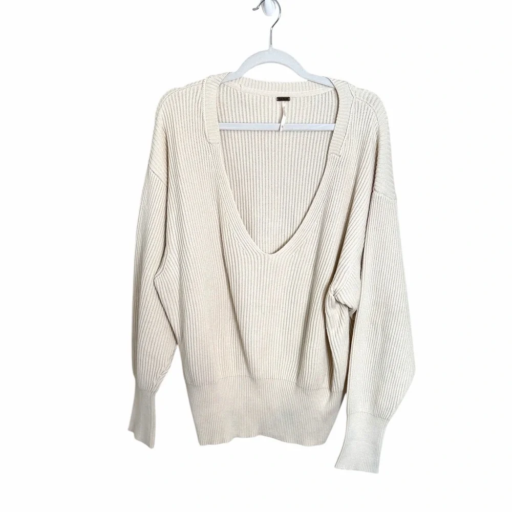 Free People Allure Pullover Ribbed Knit Oversized Sweater Cream Size Large